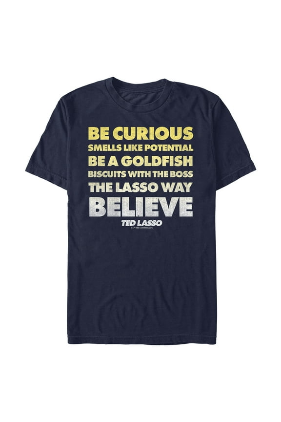 Men's Ted Lasso Be Curious Quote Stack Graphic Tee Navy Blue Large