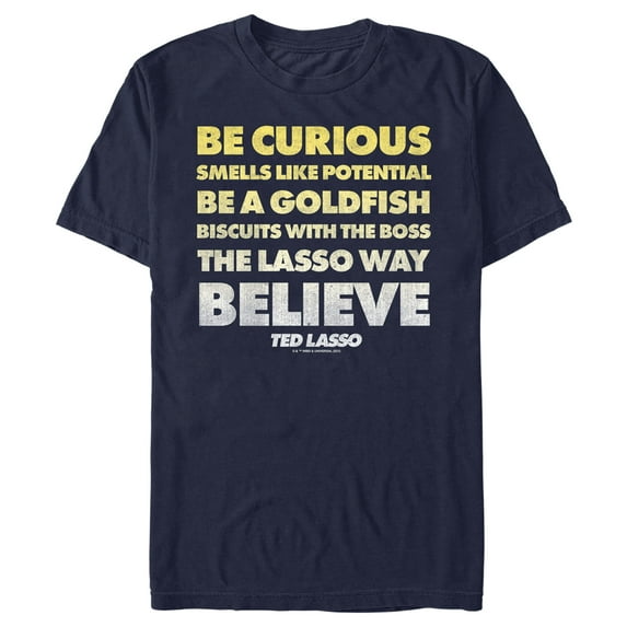 Men's Ted Lasso Be Curious Quote Stack Graphic Tee Navy Blue Medium