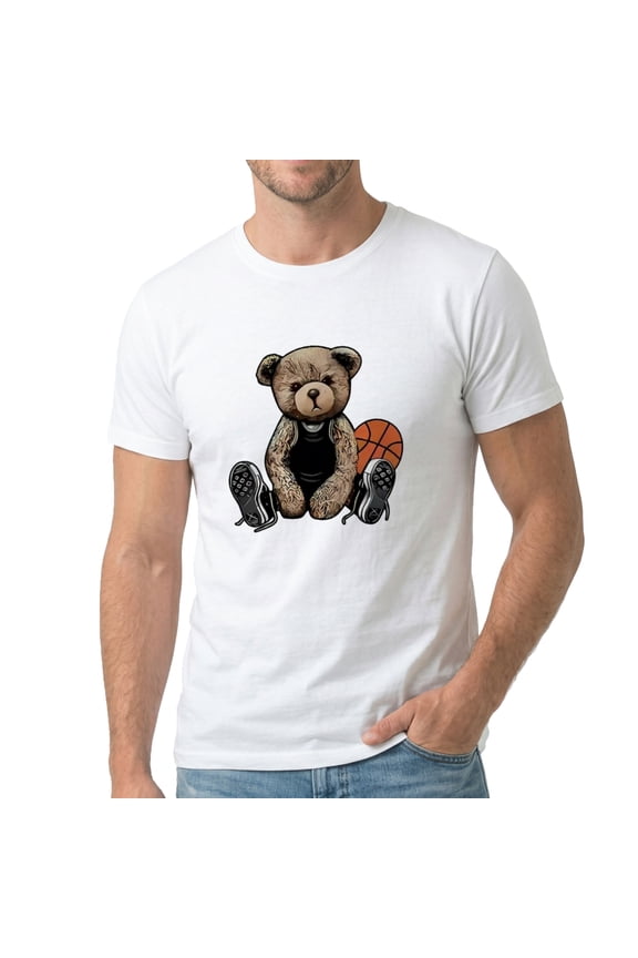Men's Teddy Bear Basketball Shoes Graphic T-Shirt, Premium Cotton Short Sleeve Crew Neck Tee
