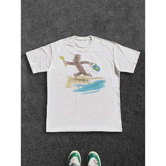 Men's Tee Curious George Kids Book Graphic T-Shirt 100% Cotton 220g