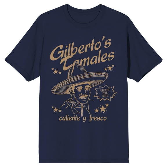 Man in Sombrero Silhouette w/ Tan Lettering and Stars on Navy Short Sleeve Adult T-Shirt-Small