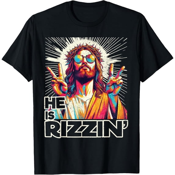 Men's Tee Retro He is Rizzin Funny Jesus Has Rizzen Easter Christian T-Shirt, Comfortable Breathable Soft Tee, Men's 100% Cotton Graphic T-Shirt 180gsm