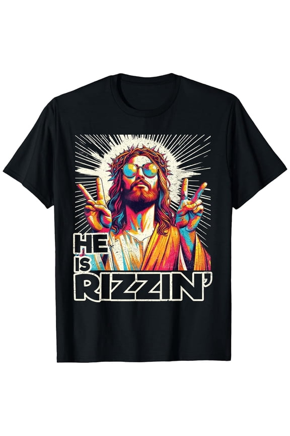 Men's Tee Retro He is Rizzin Funny Jesus Has Rizzen Easter Christian T-Shirt, Comfortable Breathable Soft Tee, Men's 100% Cotton Graphic T-Shirt 180gsm