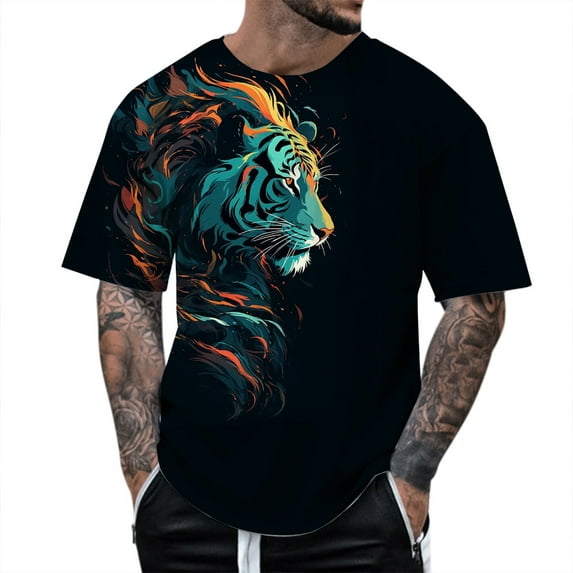 Youmylove Men's T-shirt Tiger Printed Short Sleeve Crew Neck Loose Casual Fashionable Tees Male's top Fashion Versatile Leisure Dailywear
