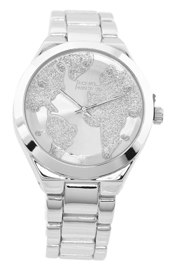 Mens Teen Silver Tone World Map Business Watch 40mm Case, Black Dial, Textured Bracelet