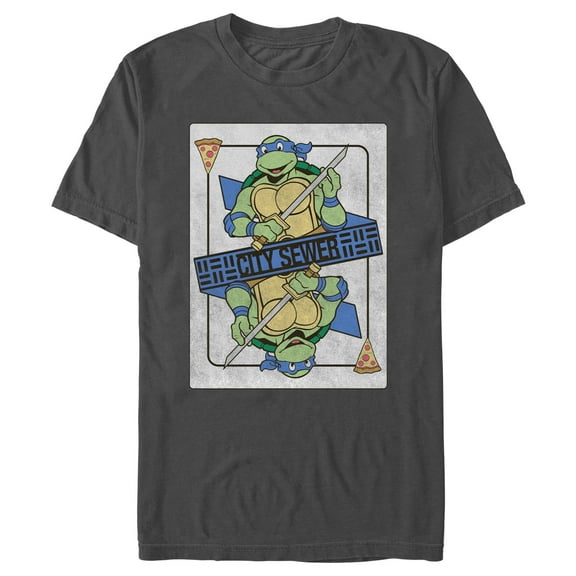 Men's Teenage Mutant Ninja Turtles City Sewer Leonardo Playing Card Graphic Tee Charcoal Large