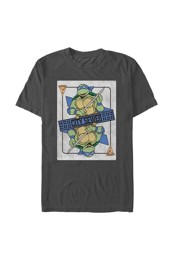 Men's Teenage Mutant Ninja Turtles City Sewer Leonardo Playing Card Graphic Tee Charcoal Small