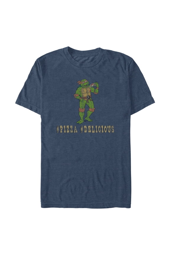 Men's Teenage Mutant Ninja Turtles Distressed Hashtag Pizza Hashtag Delicious Graphic Tee Navy Blue Heather Medium