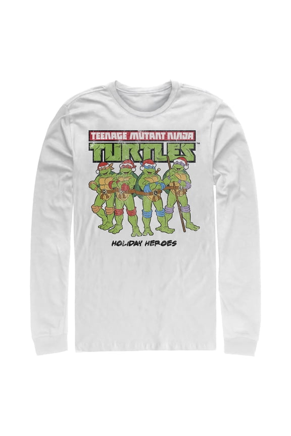 Men's Teenage Mutant Ninja Turtles Distressed Holiday Heroes Long Sleeve Shirt White 2X Large