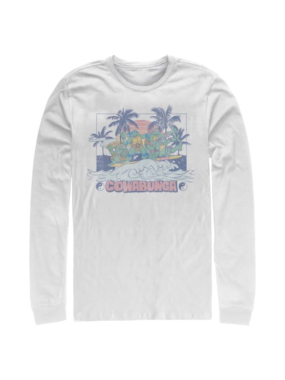 Men's Teenage Mutant Ninja Turtles Distressed Tropical Beach Long Sleeve Shirt White Small