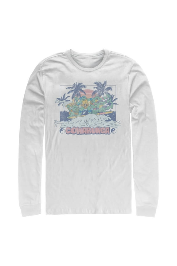 Men's Teenage Mutant Ninja Turtles Distressed Tropical Beach Long Sleeve Shirt White Small