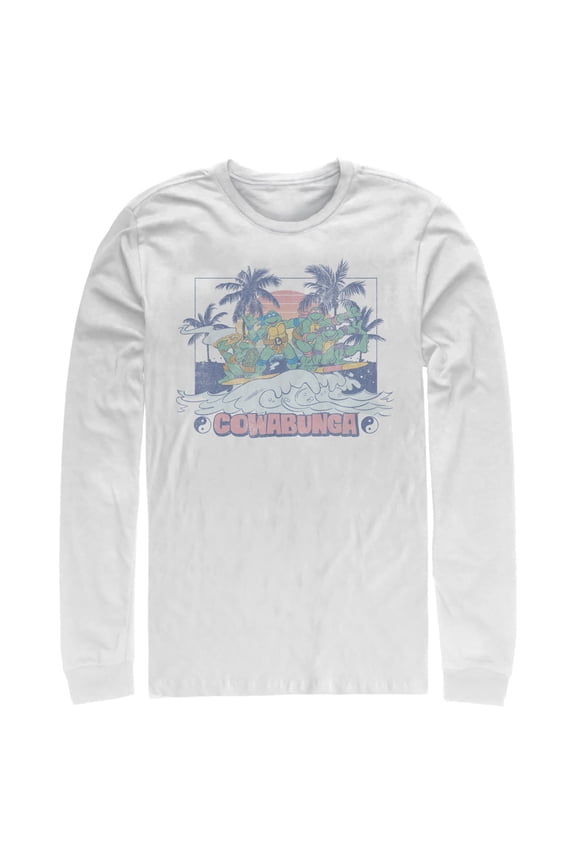 Men's Teenage Mutant Ninja Turtles Distressed Tropical Beach Long Sleeve Shirt White X Large