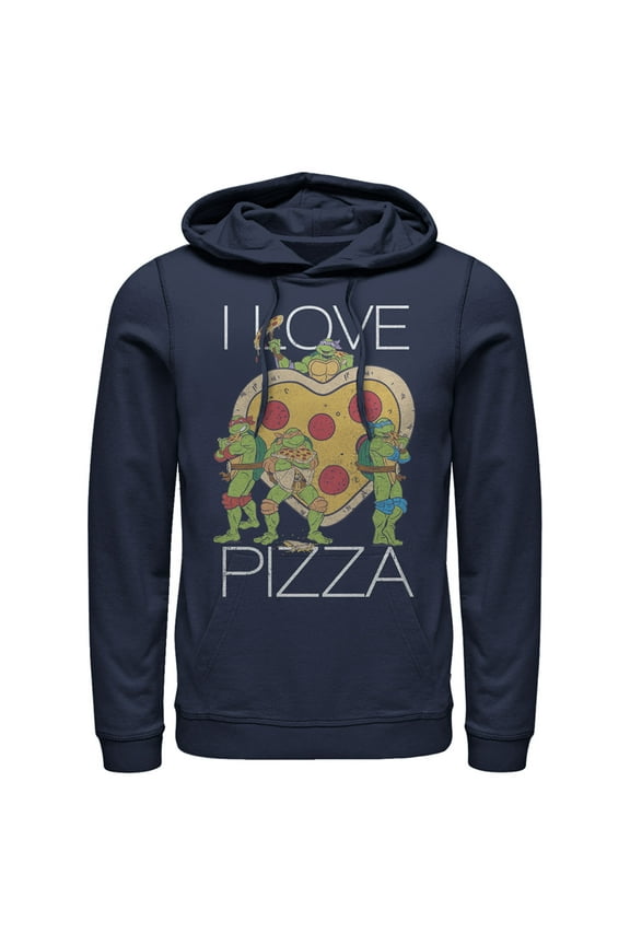 Men's Teenage Mutant Ninja Turtles I Love Pizza Heart Pull Over Hoodie Navy Blue 2X Large