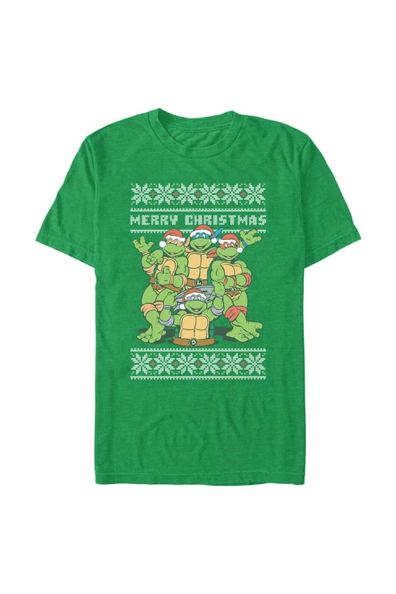 Men's Teenage Mutant Ninja Turtles Merry Ugly Christmas Sweater Print Graphic Tee Kelly Heather Medium