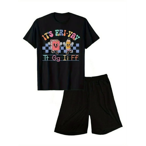 Men's Teens Boys 2 Piece Outfits Cotton Cool 3D Graphic Tee T Shirt and Shorts Set School Fashion Summer Tracksuits Casual Sportwear Set Black XL