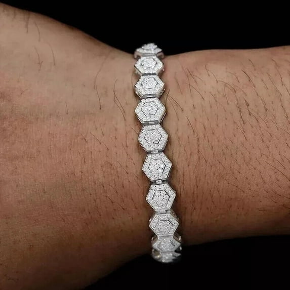 Men's Tennis Bracelet 8 Ct Round Cut White Moissanite 14k White Gold Plated