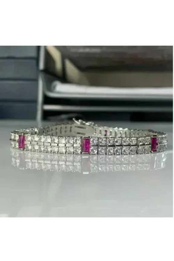 Men's Tennis Bracelet Dual 10 CT Ruby & White Simulated Stones White Gold Plated