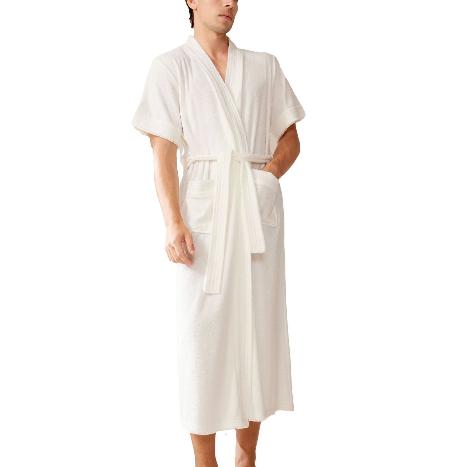 Men's Terry Cloth Robe Summer Short Sleeve Kimono Pockets Long Bath ...