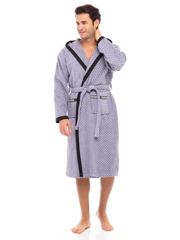 Men’s Terry Hooded Robe Spa Waffle Weave Bathrobe for Men 100% Cotton Robes Gray XL