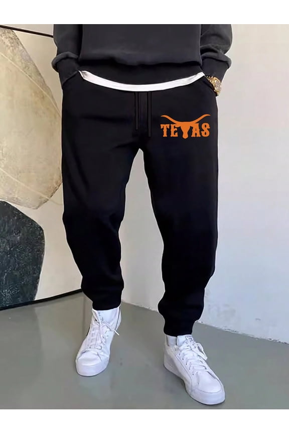Men's Texas Logo Print Sweatpants - Loose Fit Elastic Waist Tapered Joggers Suitable for Winter, Gym, Training & Daily Wear - Brand-Recognizable Casual Athletic Pants (Machine Washable)