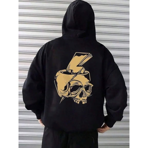 Men's Text Print Drawstring Hoodie Sweatshirt Y2K Streetwear  Gothic Streetwear Hoodie - Black Pullover Sweatshirt With Smoking Skull & Lightning Bolt Graphic Loose Fit Hooded Sweatshirt For Concerts