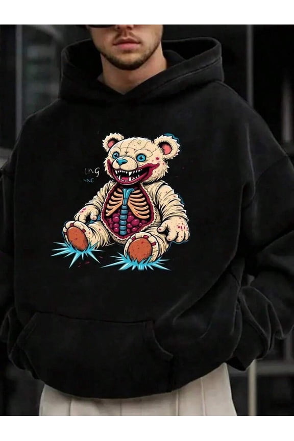 Men's Text Print Drawstring Hoodie Sweatshirt Y2K Streetwear & Wo Creepy Gothic Teddy Bear Hoodie - Oversized Streetwear Sweatshirt With Glowing Blue Eyes Long Sleeve Pullover Hoodie - Machine Washa