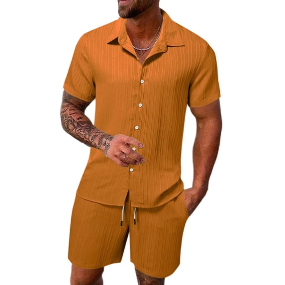 Men's Textured 2 Piece Outfit Hawaiian Button Down Shirts and Shorts Summer Set Orange