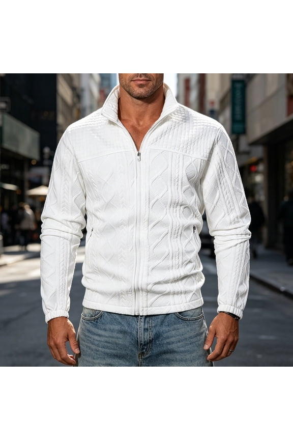 Men's Textured Cable Knit Stand Collar Zip-Up Sweatshirt Casual Solid Color Knitted Jacket Loose Fit Versatile Workwear Jackets Men Tops Outdoor Fashion Essentials | JASKFLY,White L