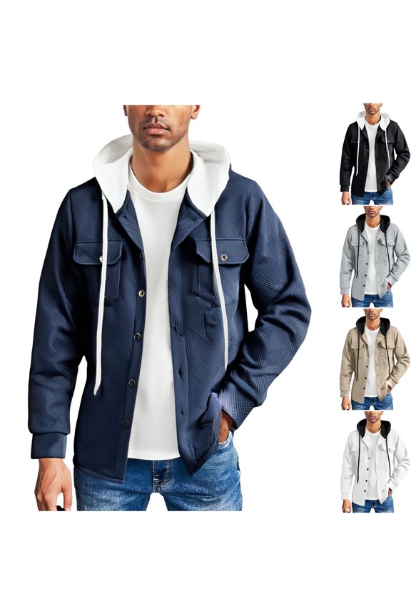 Men's Textured Hooded Shacket Casual Button Down Layering Hoodie Ribbed Knit Warm Shirt Jacket with Drawstring Flap Pockets for Daily Streetwear, Navy, L