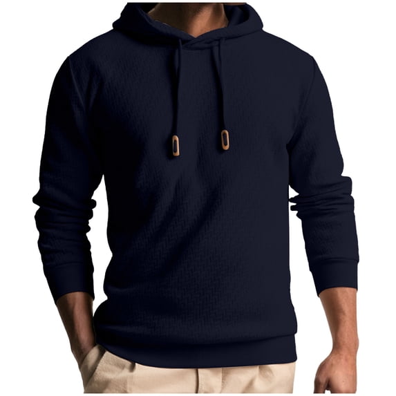 Men's Textured Hoodies Drawstring Solid Color Casual Hooded Sweatshirt Long Sleeve Pullover Sweater Tops (2XL, Navy)