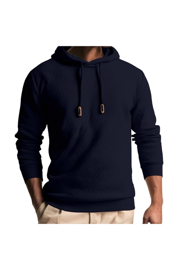 Men's Textured Hoodies Drawstring Solid Color Casual Hooded Sweatshirt Long Sleeve Pullover Sweater Tops (XL, Navy)