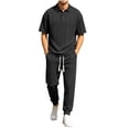 thumbnail image 1 of Men's Textured Knit 2 Piece Tracksuit, Short Sleeve Polo Shirt and Elastic Drawstring Joggers Pants for Casual & Lounge Big and Tall Size S-3XL Black, 1 of 8