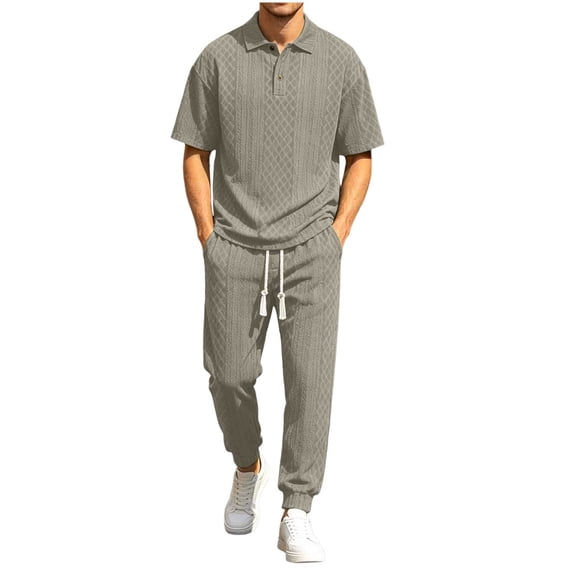 Men's Textured Knit 2 Piece Tracksuit, Short Sleeve Polo Shirt and Elastic Drawstring Joggers Pants for Casual & Lounge Big and Tall Size S-3XL Khaki