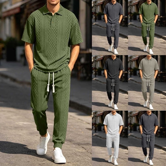 Men's Textured Knit 2 Piece Tracksuit, Short Sleeve Polo Shirt and Elastic Drawstring Joggers Pants for Casual & Lounge Big and Tall Size S-3XL White