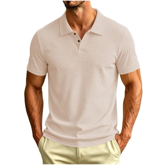 Men's Textured Knit Polo Shirt Summer Short Sleeve Vacation Button Beach Knit Breathable Stretchy Golf Shirts Khaki