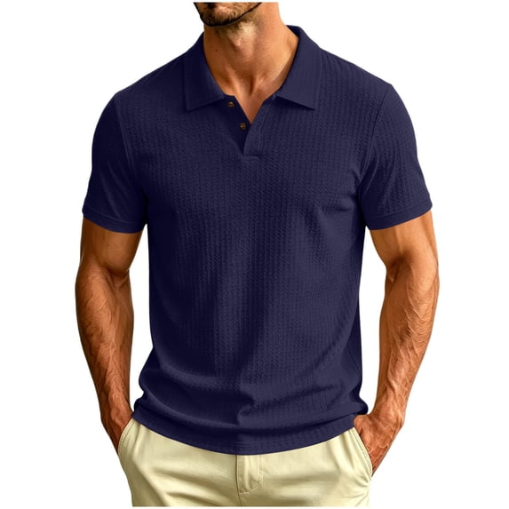 Men's Textured Knit Polo Shirt Summer Short Sleeve Vacation Button Beach Knit Breathable Stretchy Golf Shirts Navy
