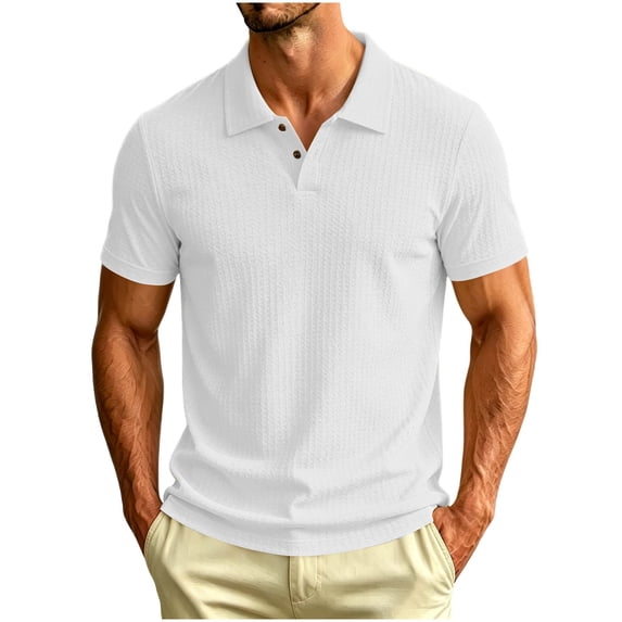 Men's Textured Knit Polo Shirt Summer Short Sleeve Vacation Button Beach Knit Breathable Stretchy Golf Shirts White
