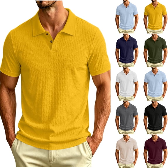 Men's Textured Knit Polo Shirt Summer Short Sleeve Vacation Button Beach Knit Breathable Stretchy Golf Shirts Yellow