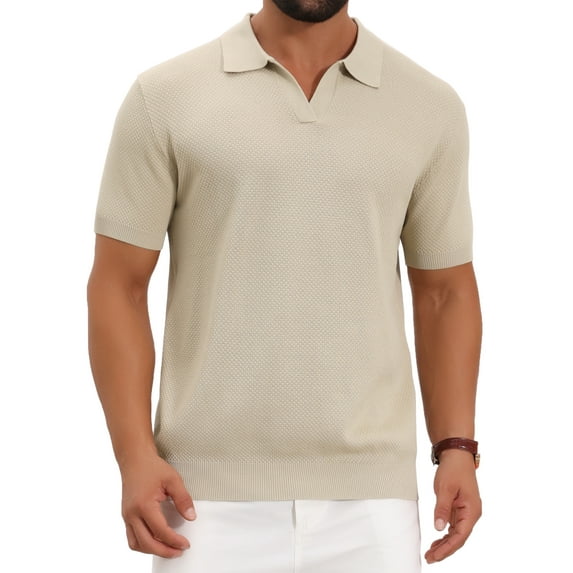 Men's Textured Knit Polo Shirt V Neck Short Sleeve Casual Golf Polo Shirt 2XL Beige