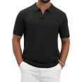 thumbnail image 1 of Men's Textured Knit Polo Shirt V Neck Short Sleeve Casual Golf Polo Shirt L Black, 1 of 6
