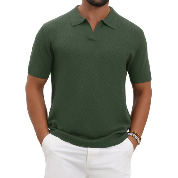 Men's Textured Knit Polo Shirt V Neck Short Sleeve Casual Golf Polo Shirt XL Olive Green