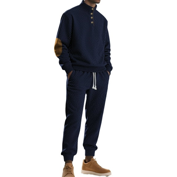 Men's Textured Knit Pullover Sweatshirt and Jogger Pants Set with Button Detail and Ribbed Cuffs for Casual Wear