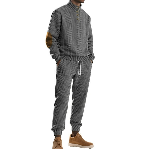 Men's Textured Knit Pullover Sweatshirt and Jogger Pants Set with Button Detail and Ribbed Cuffs for Casual Wear