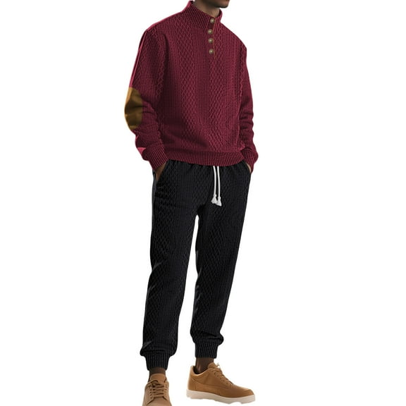 Men's Textured Knit Pullover Sweatshirt and Jogger Pants Set with Button Detail and Ribbed Cuffs for Casual Wear