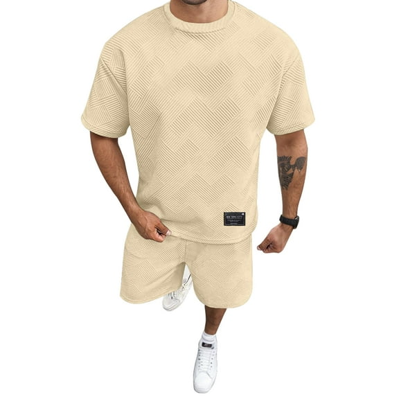 Men's Textured Knit Tracksuit Set: Short - Sleeve Top & Shorts for Casual Streetwear