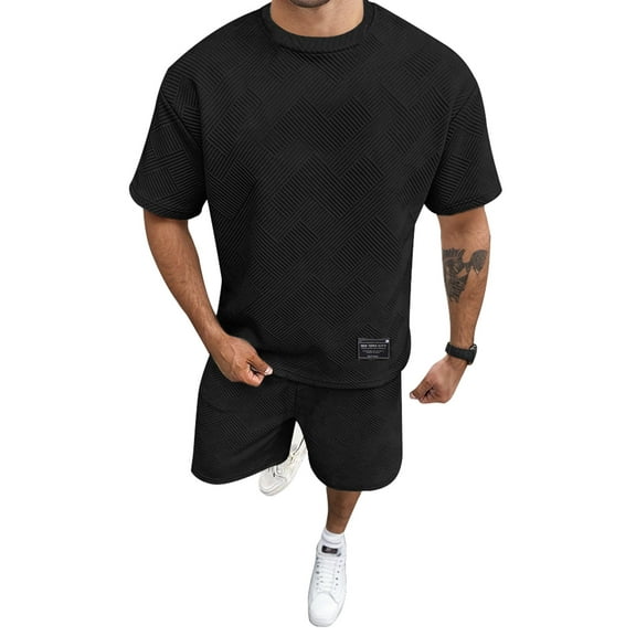 Men's Textured Knit Tracksuit Set: Short - Sleeve Top & Shorts for Casual Streetwear
