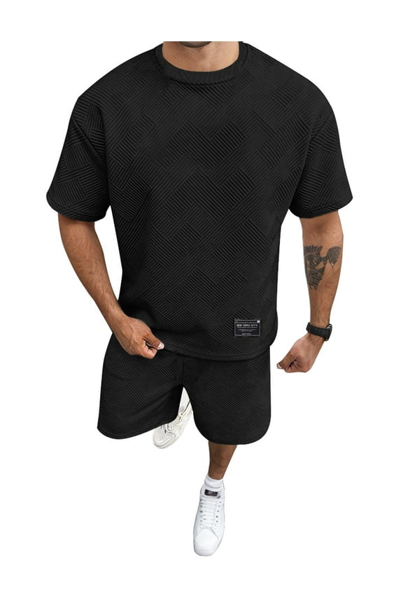 Men's Textured Knit Tracksuit Set: Short - Sleeve Top & Shorts for Casual Streetwear