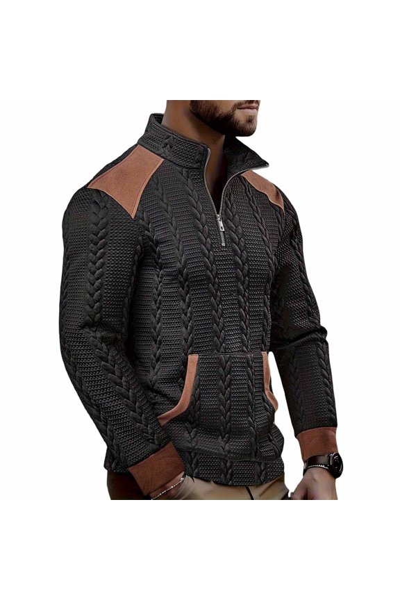 Men's Textured Long Sleeve Collar Pullover Sweater With Contrast Color Design And Chest Pocket For Autumn Winter Casual Wear Oversized Pullover Long Sleeve Crewneck Casual Tops