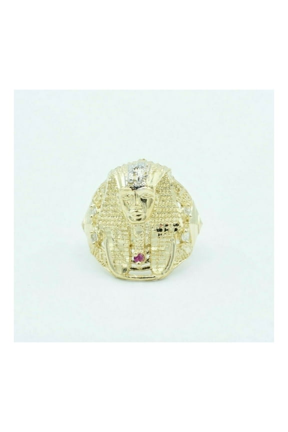 Diamond-Cut CZ Textured Pharaoh with Ruby Men’s Adult Ring 10K Two-Tone Gold, 5.93 Gr – Goldum NYC