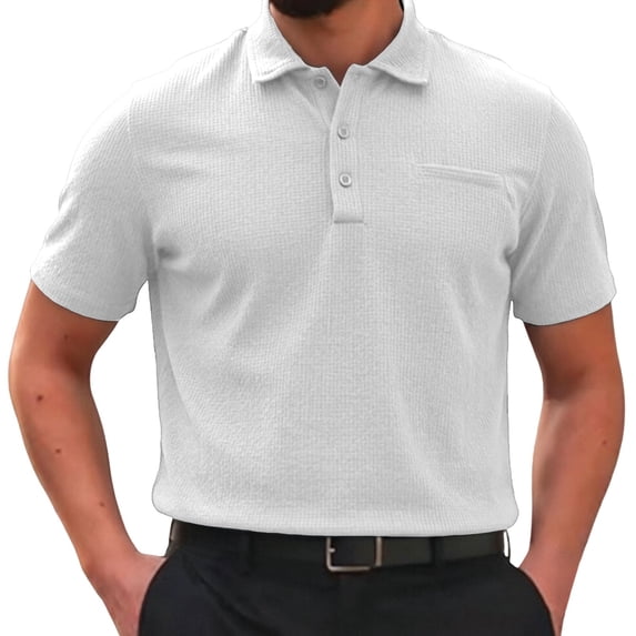 Men's Textured Polo Shirt Short Sleeve Button Placket Collared Polo with Chest Pocket Casual Summer Top